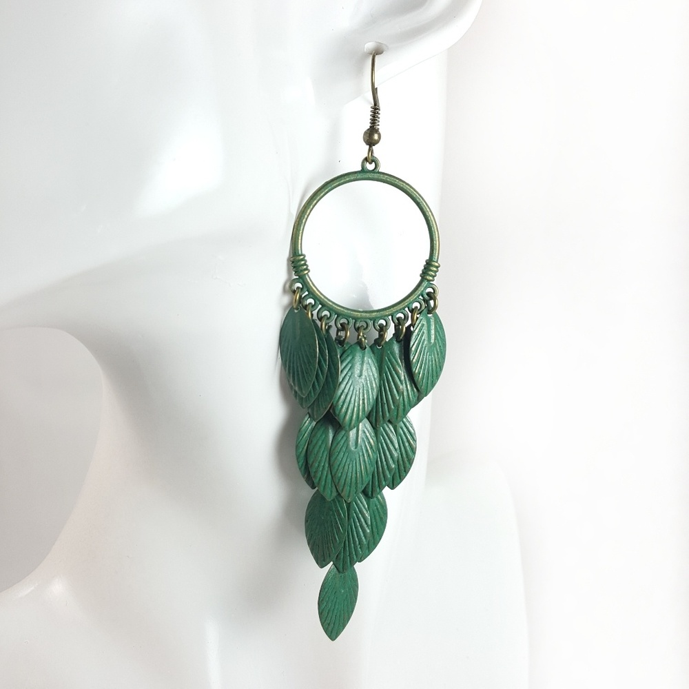 Boho Hoop Dangling Leaves Earrings Antique